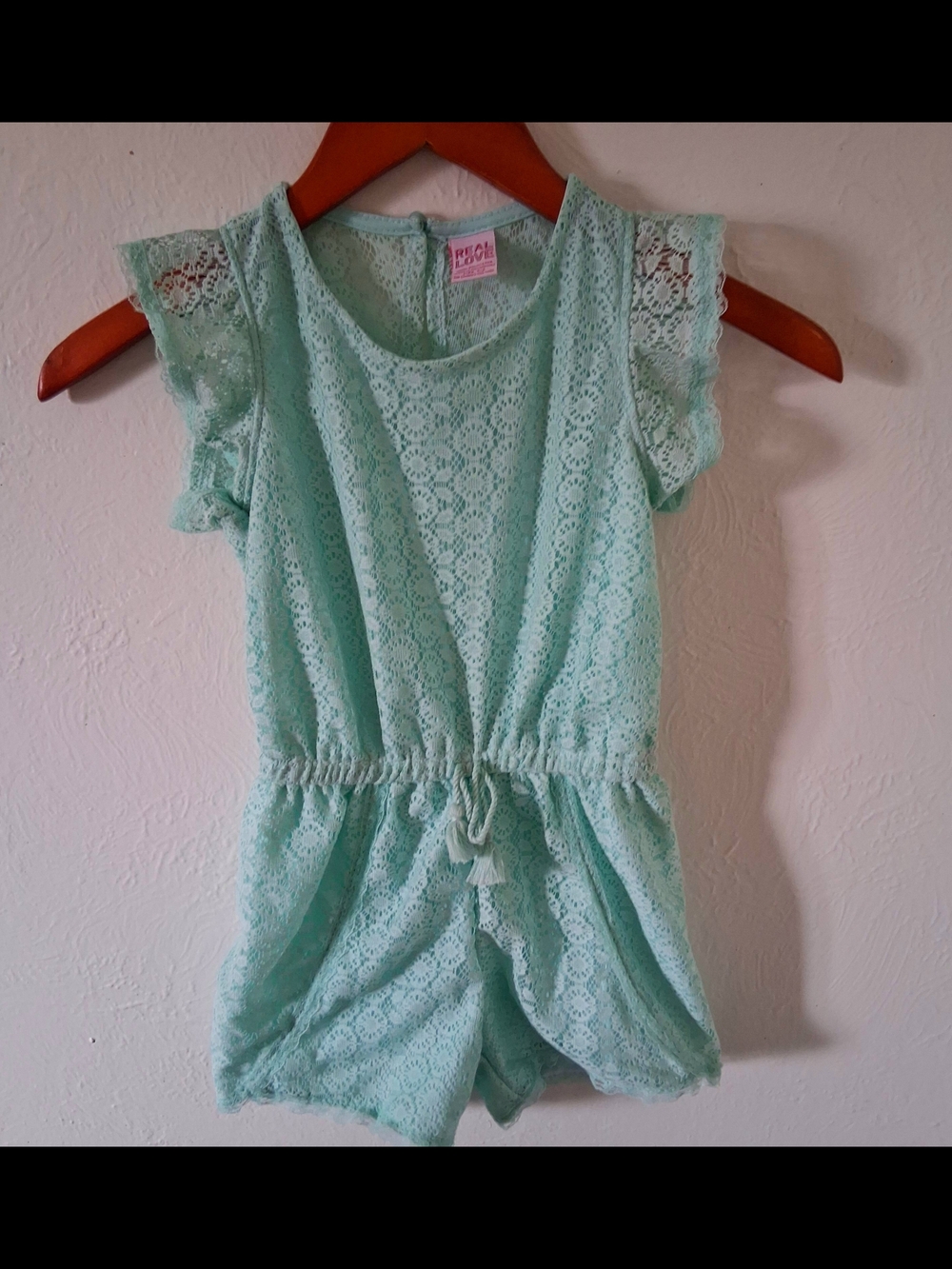 Girls' Lace Drawstring Romper in Mint